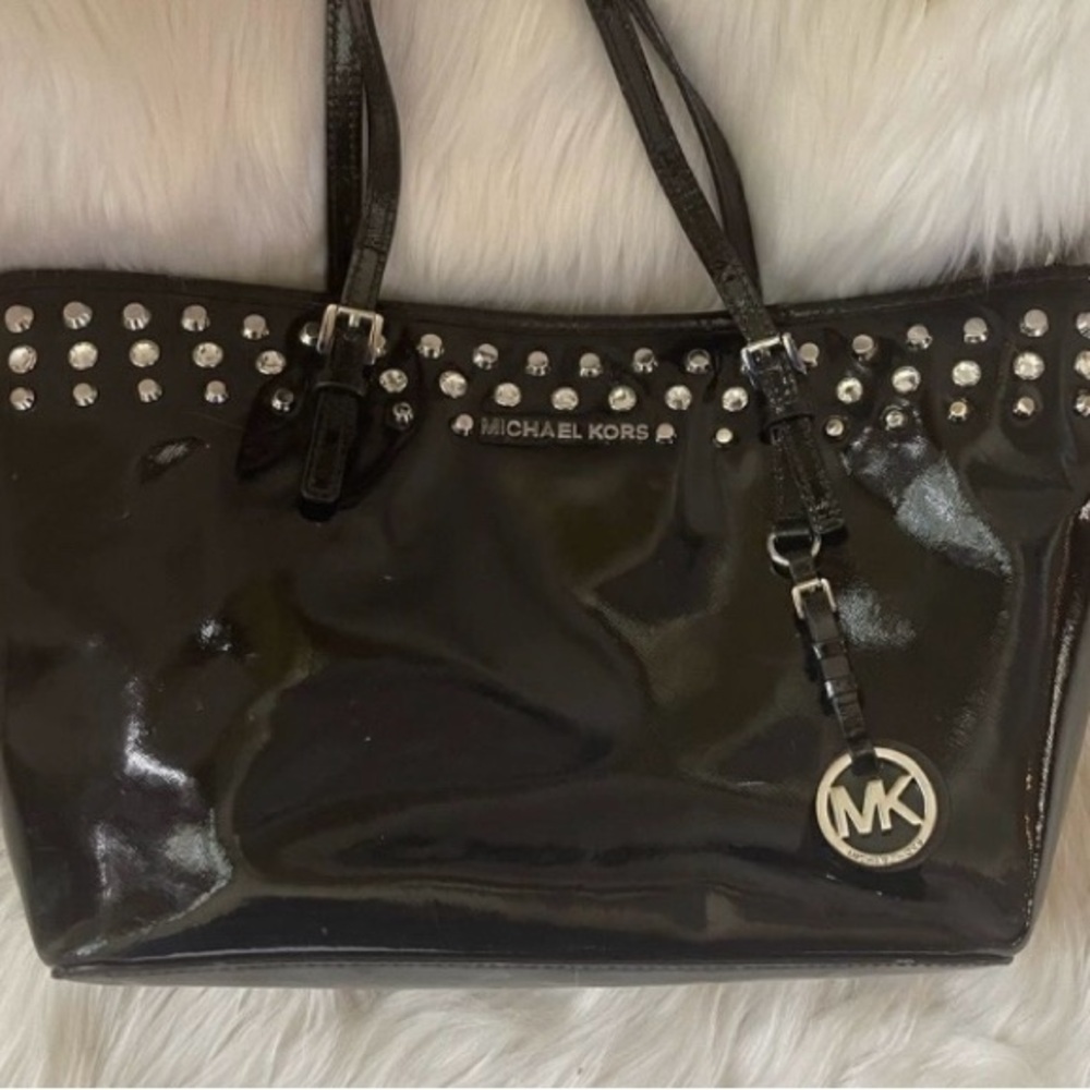 Michael Kors Black Patent Leather Rhinestones Studded Tote good used condition - Picture 5 of 15